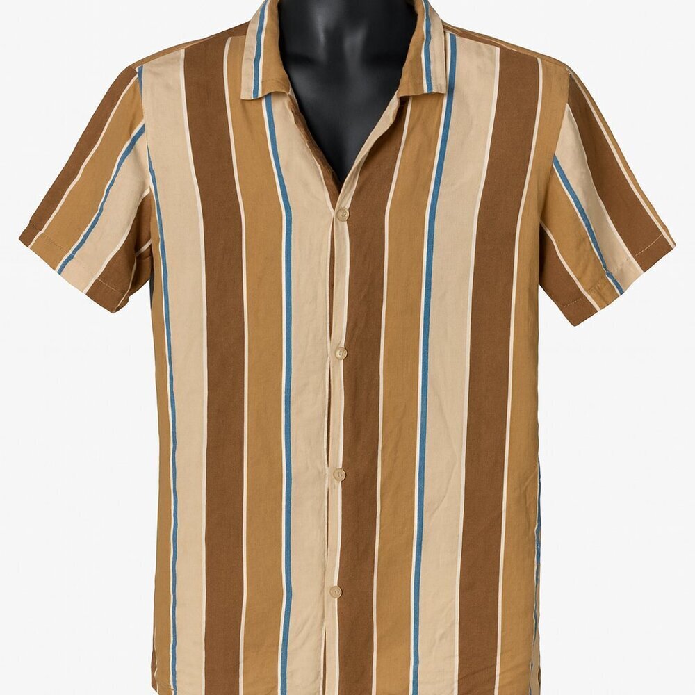 Refinery Republic Men's Tan Striped Short Sleeve Resort Shirt Size L Viscose